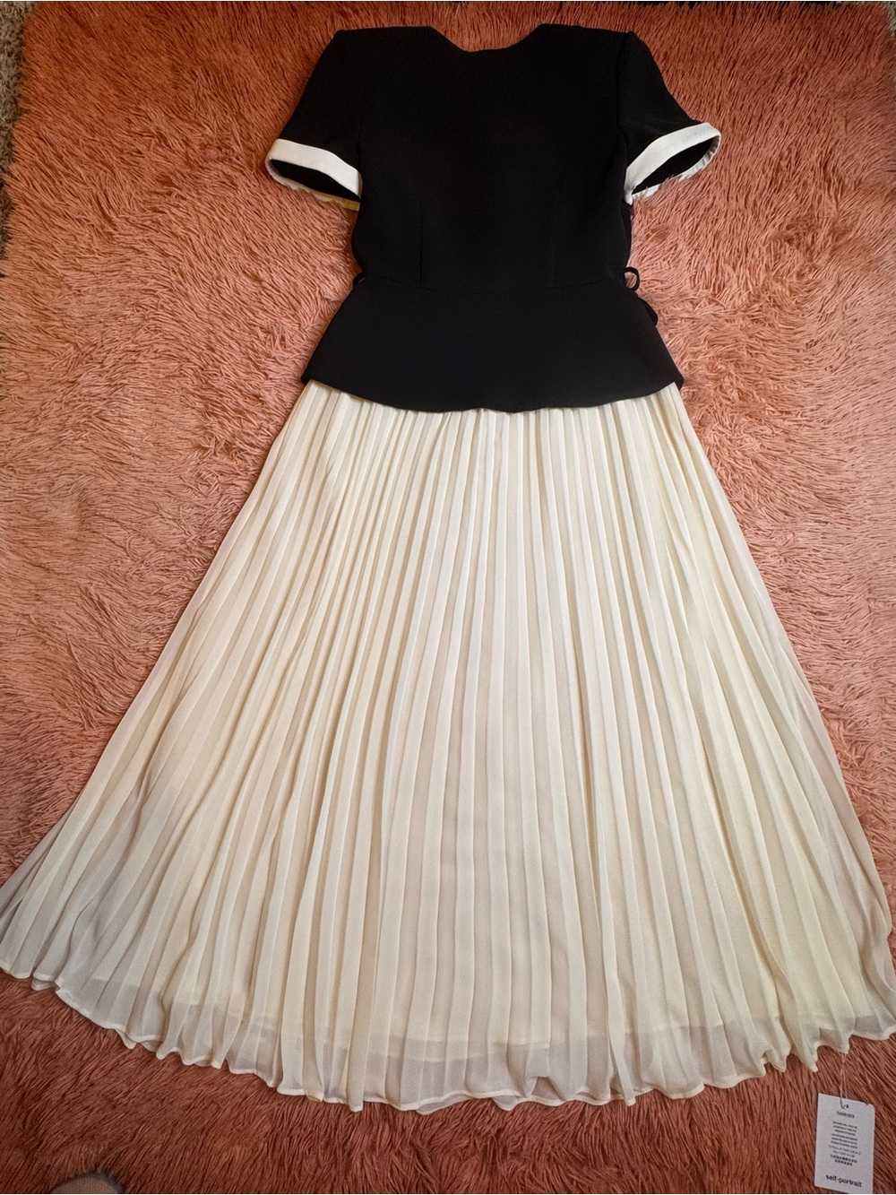 Self-Portrait Black and Cream Midi Dress with Pleated Skirt - Picture 7 of 9